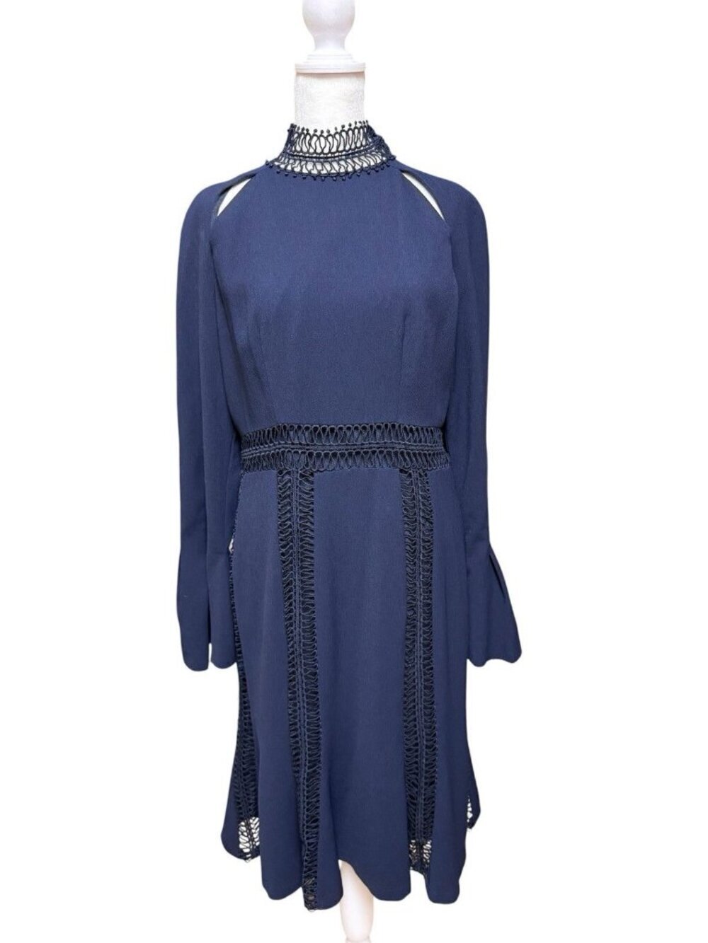 Ministry of Style Navy Lace Trim Midi Dress Bell Sleeve Boho Size 14